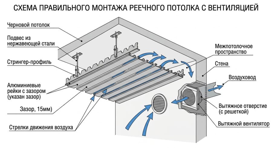 Схема правильного монтажа реечного потолка в ванной комнате