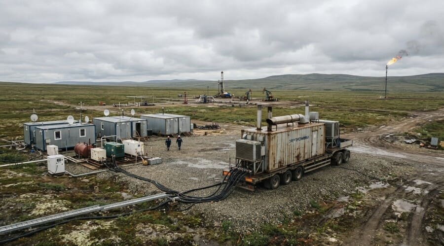 Удалённое нефтяное месторождение в тундре летом